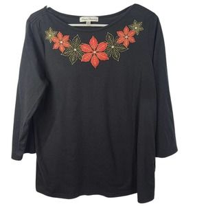 Marisa Christina Holiday Top Medium Black Red Top 3/4 Sleeve Poinsettia Jeweled